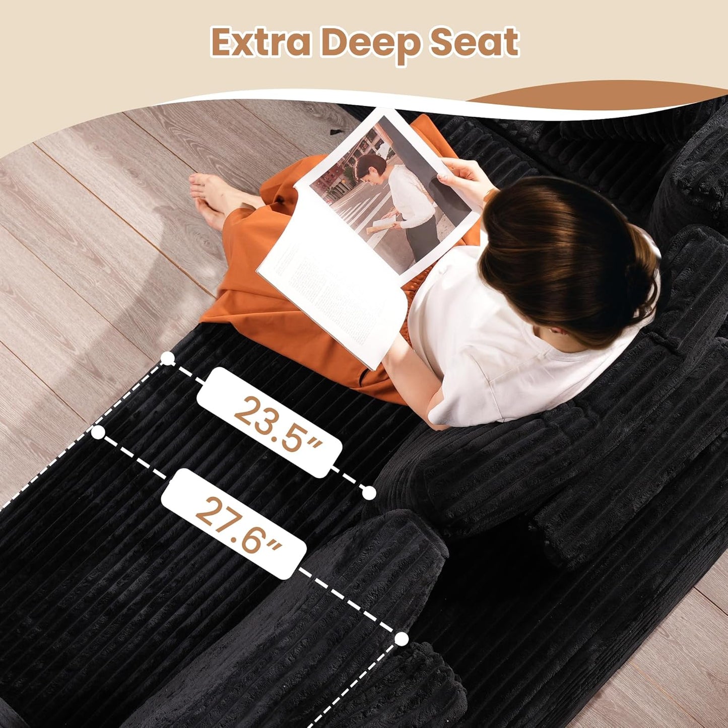 HOOOWOOO Cloud Sectional Couches for Living Room,Modular Sectional Sofa No Assembly,138X108 Inch Plush Corduroy Large L Shaped Floor Couch Set with Deep Seat(Black)