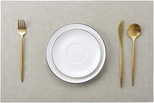 Waterproof PU Placemats,Set of 8, Faux Leather Dining Table Mat, Easy to Wipe Off Scrub Vinyl Mat, Heat & Stain Resistant for Office Conference Table, Home Decor G Parchment White