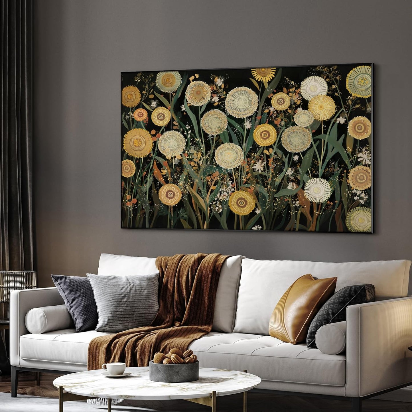 SIGNWIN 30"x60" Extra Large Framed Wall Art Whimsical Dandelion Field in Yellow and Green, Playful Botanical Print for Home Living Room Bedroom Decor (Frame Assembly Required)