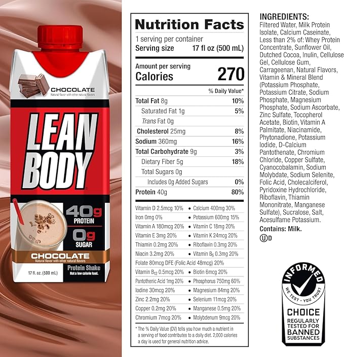 Lean Body Ready-to-Drink Chocolate Protein Shake, 40g Protein, 0 Sugar, 22 Vitamins 17 Fl 12)