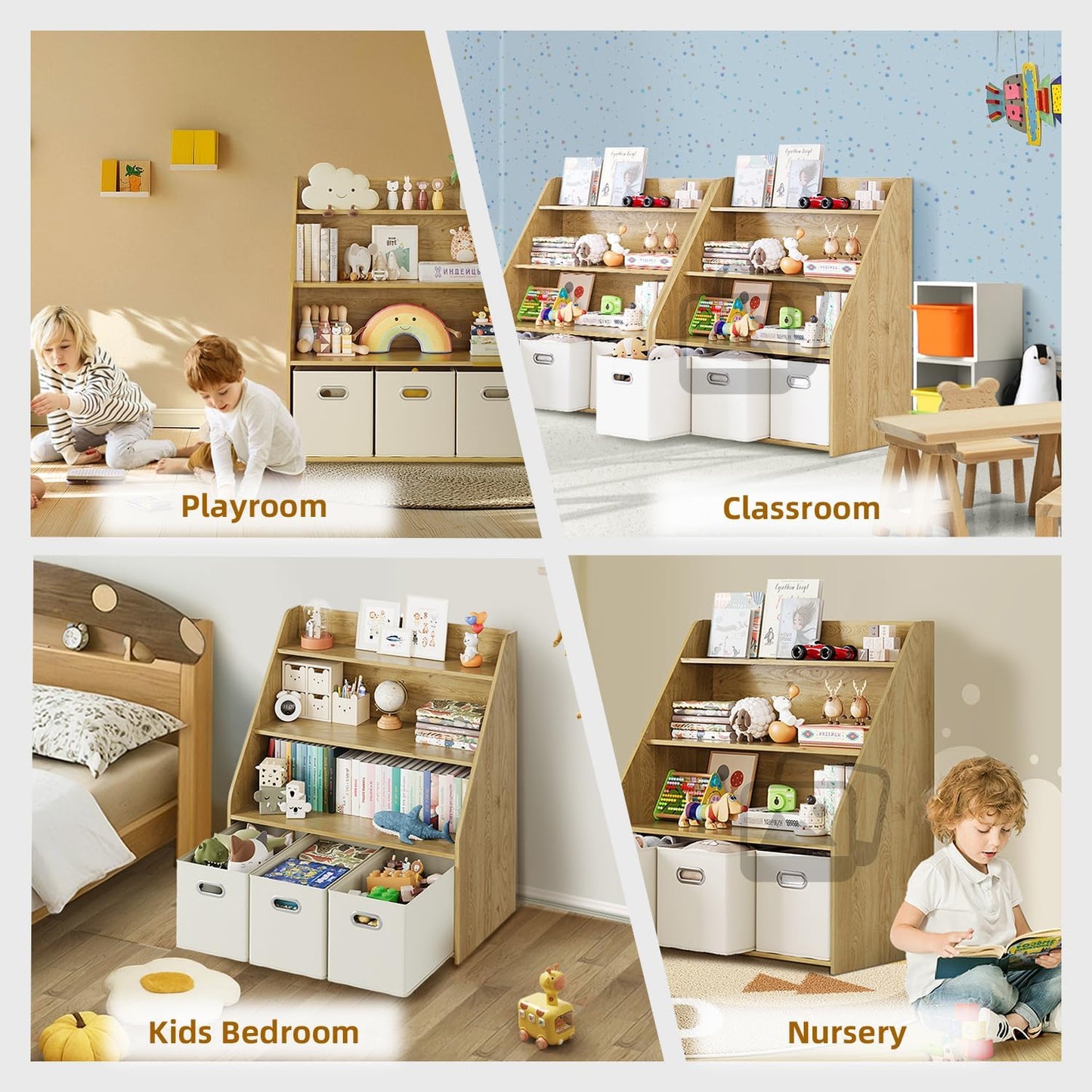 Kids Bookshelf and Toy Organizer, 3-Tier Toy Storage Organizer with 3 Movable Drawers, Montessori Toy Shelf, Nursery Book Shelves Toddler Bookshelf for Kids Room Living Room Nursery