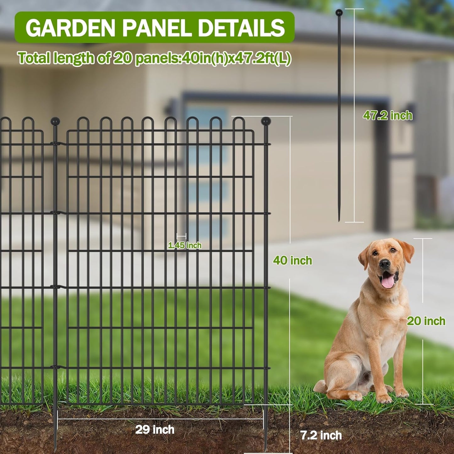 20 Panels No Dig Decorative Garden Fence with Gate for Yard, 40 in(H) X 47.2 ft(L) Animal Barrier Fencing for Outdoor Dog, Metal Portable Garden Fences for Borders, Pets, Landscape, Temporary Fence