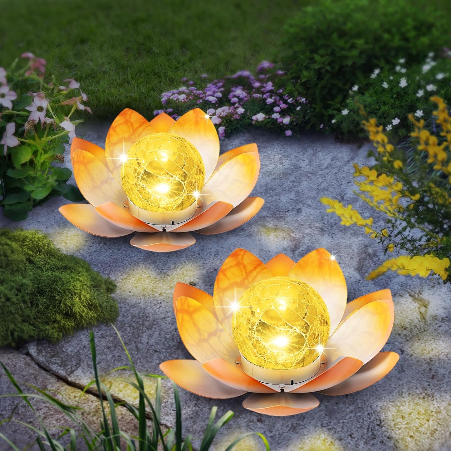 Garden Solar Light Outdoor(2Pack),Crackle Globe Glass Lotus Decoration, Waterproof Metal LED Flower Lights for Patio,Lawn,Walkway,Tabletop,Ground