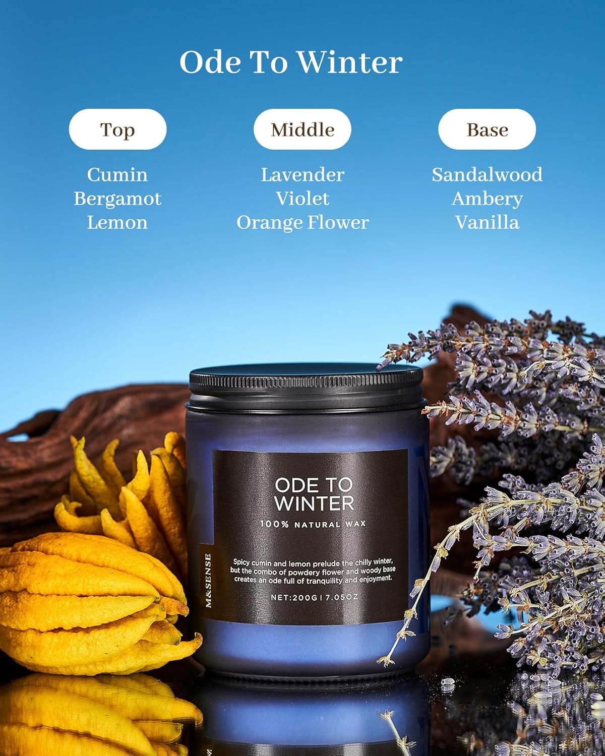 M&SENSE Ode to Winter - Lavender & Sandalwood Scented Candle for Relaxing Natural Soy Wax Non Toxic Cotton Wick Winter Scent, 7.05oz Up to 50 Hours Burn Time Gifts for Home