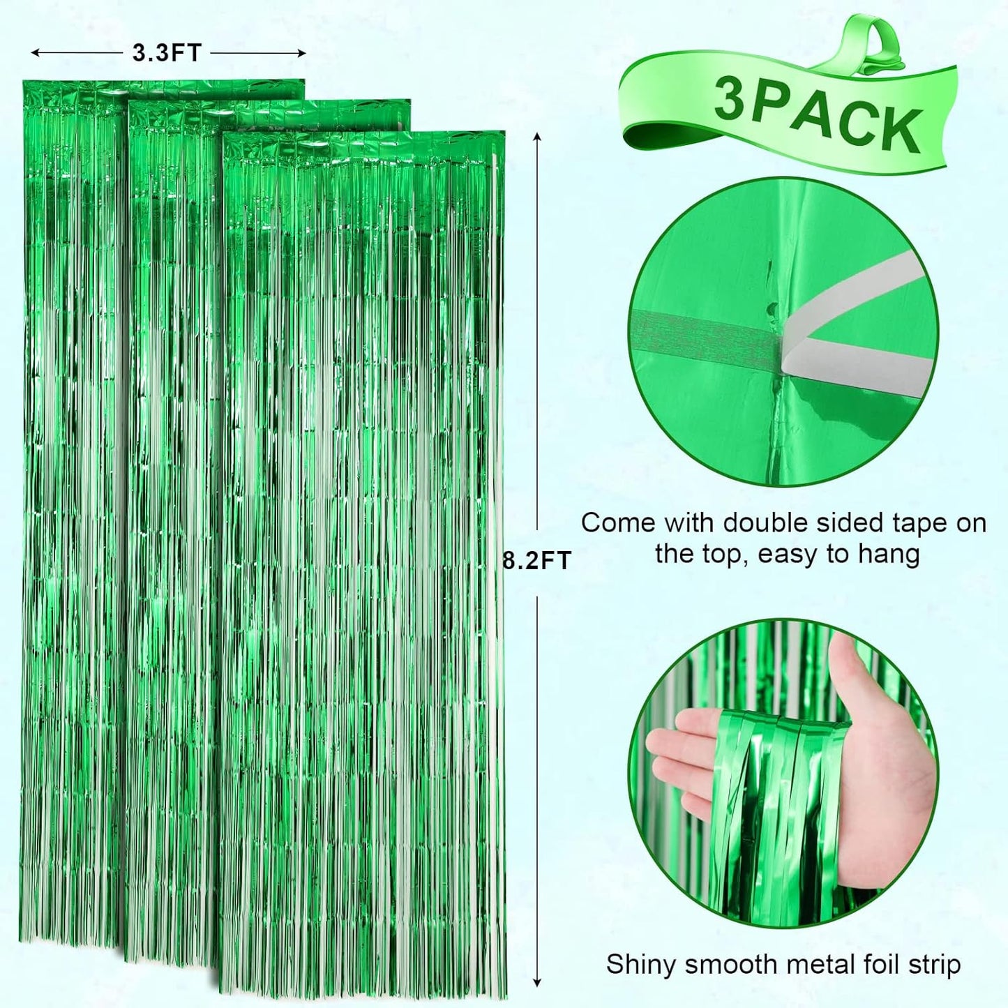 3 Pack 3.3x8.2 Feet Green Foil Fringe Backdrop Curtains, Tinsel Streamers Birthday Party Decorations, Fringe Backdrop for Graduation, Baby Shower, Gender Reveal, Disco Party