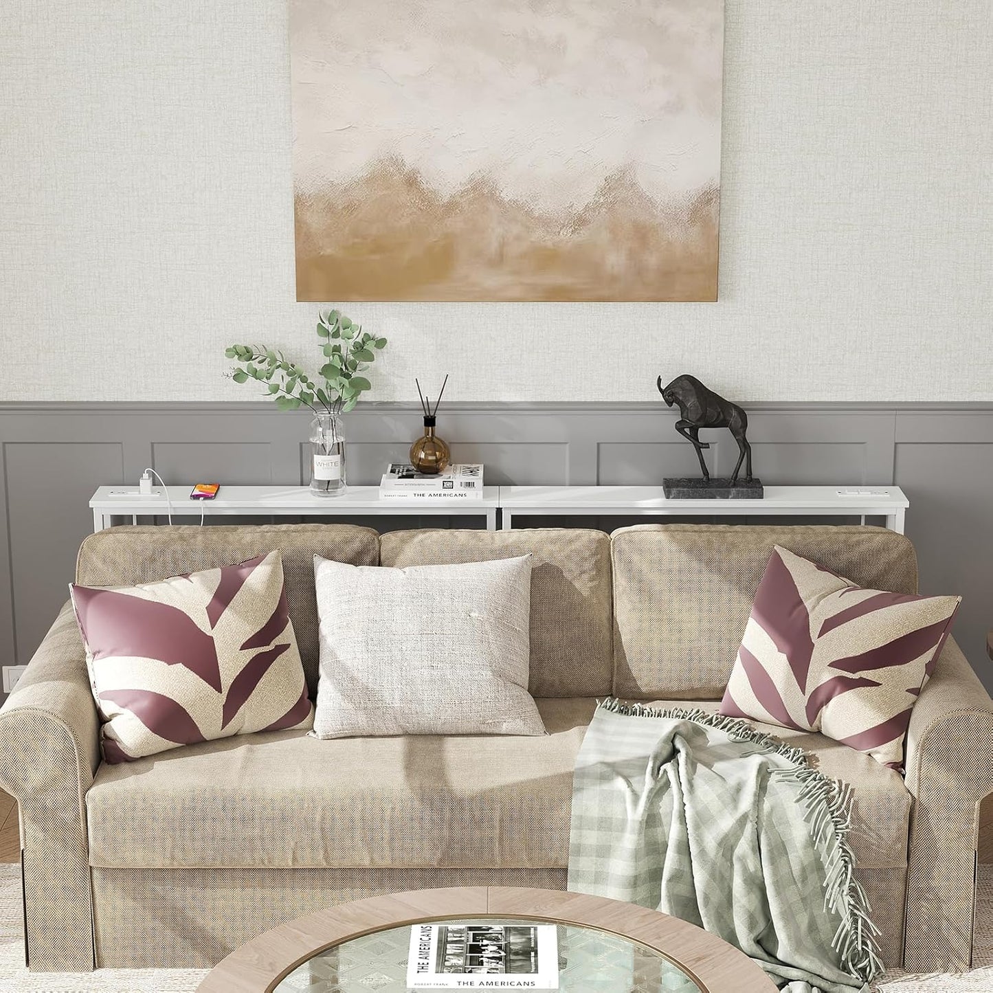 ELYKEN 2 Pack 5.9" Narrow Console Sofa Table with Power Outlets, 5.9" Dx39.4 Wx31.1 H Long Couch Table with Metal Frame and Charge Station with 6.5’ Extension Cord, White