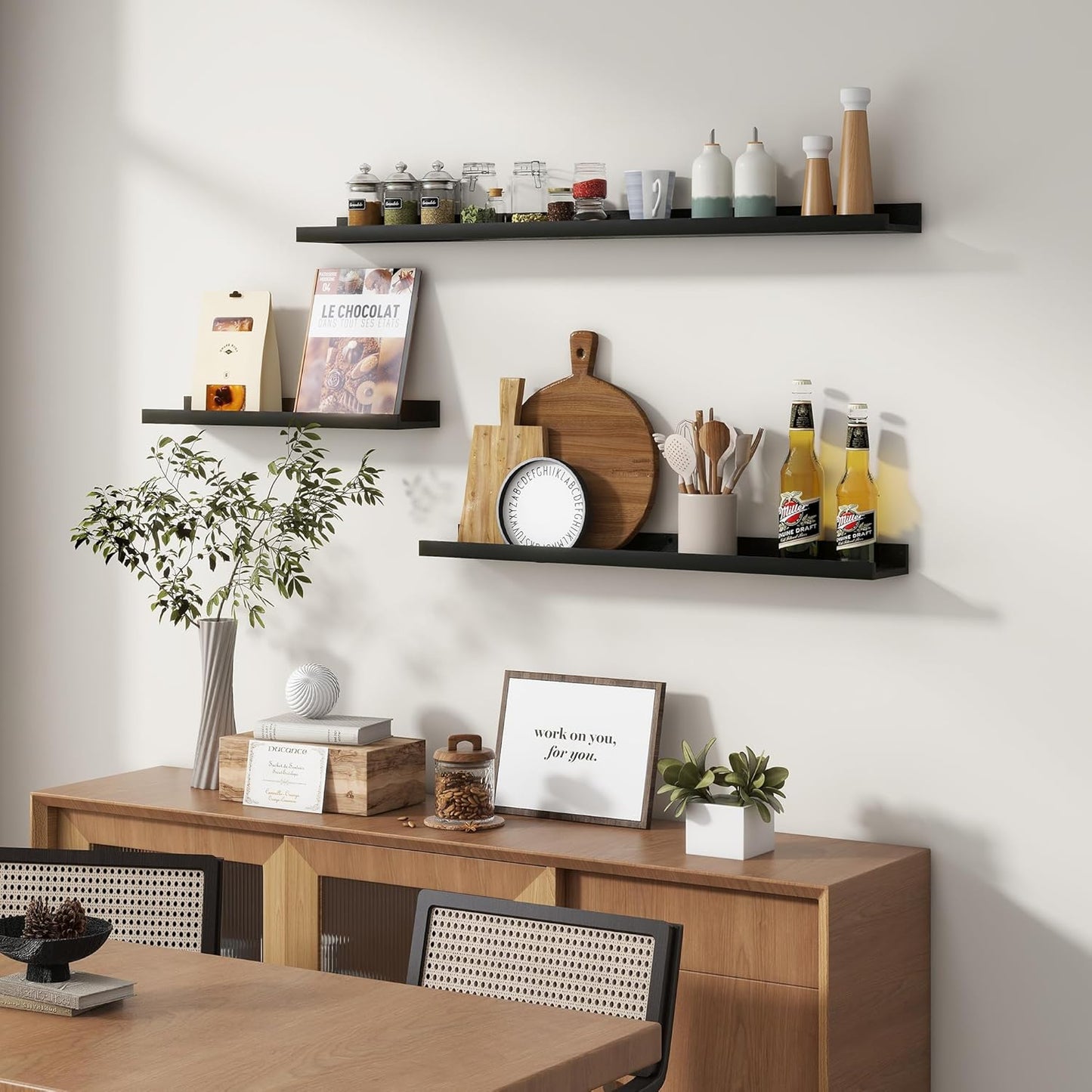 Picture Ledge Wall Shelves - 36 Inch Width Set of 3, Solid Pine Wood Rustic Floating Ledge Shelves for Kids' Room, Bedroom, Kitchen, Bathroom, Living Room, Nursery Display Wall Decor, Black