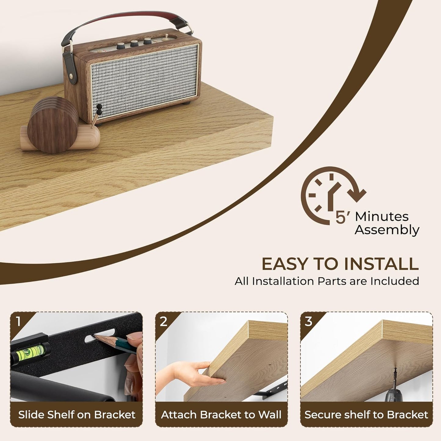 RICHFOCUS 24Inch Floating Shelves for Wall 2 Pack Shelves for Bedroom|Kitchen|Bathroom Wall Mounted Rustic Wood Floating Shelf with Invisible Brackets for Books|Storage|Decor, Oak