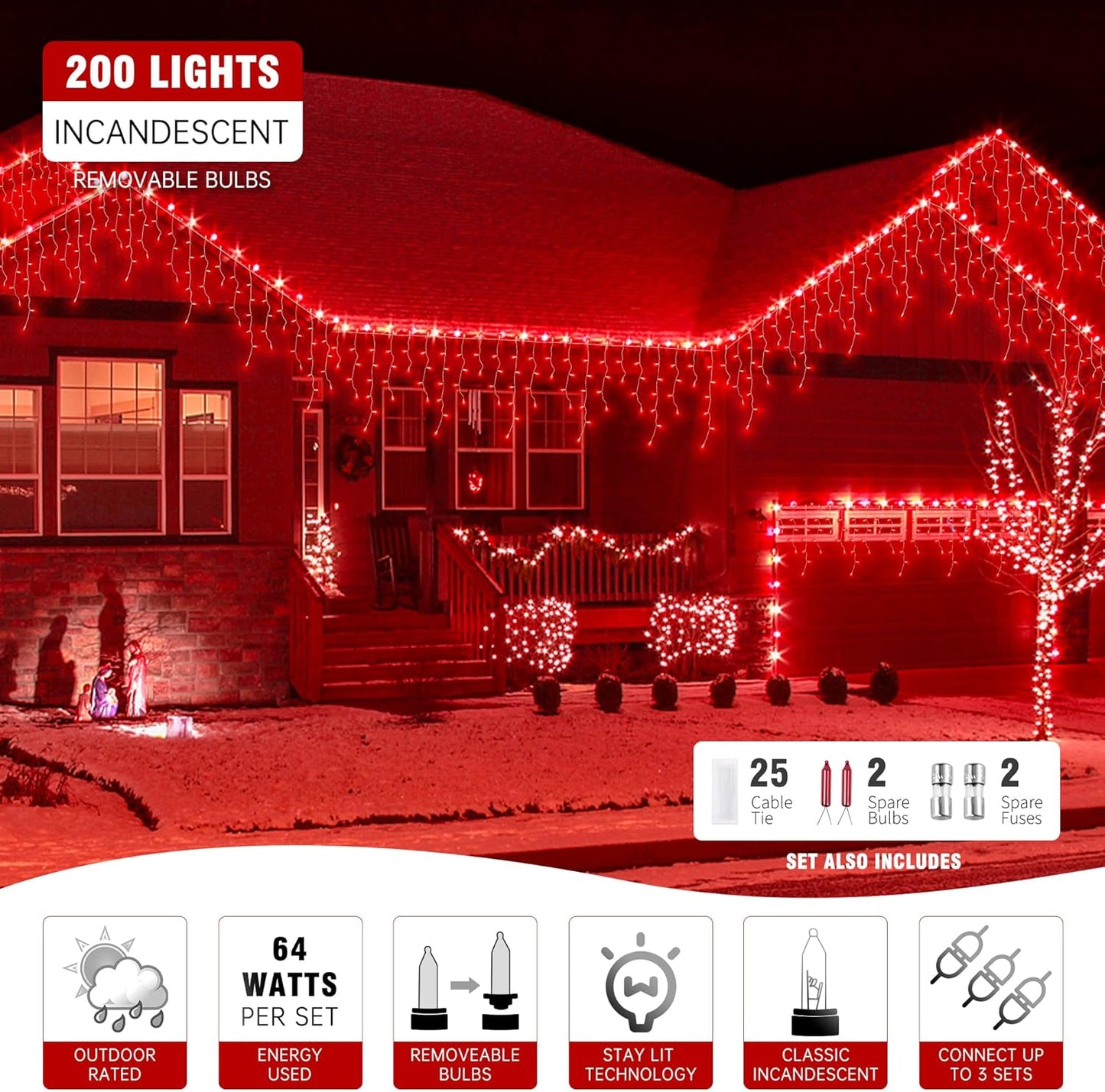 YOUNGAR 23FT 200 Icicle Christmas Lights, Waterproof Connectable Twinkle Fairy Lights for Indoor Outdoor Fireplace Wedding Decorations (Red)