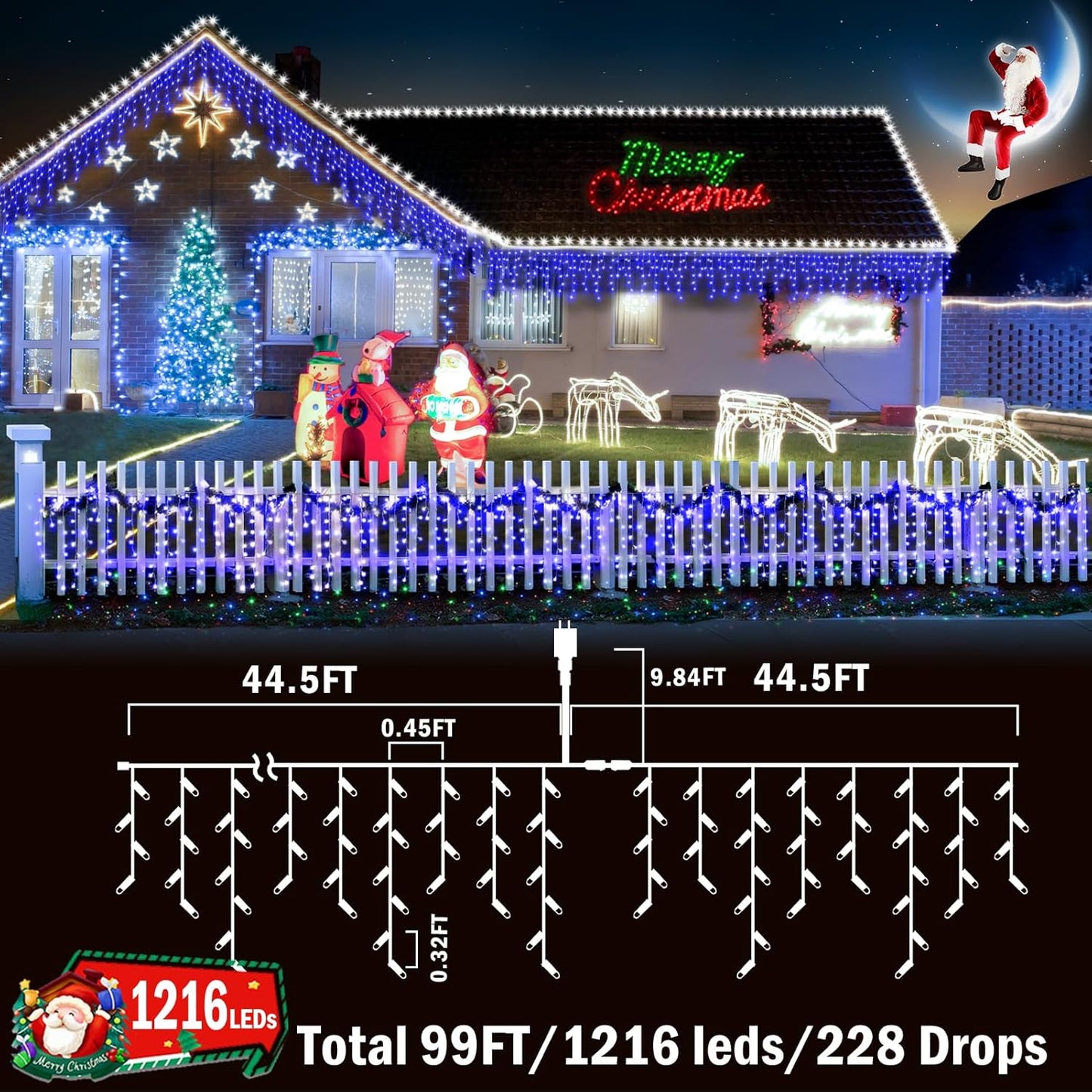 Christmas Lights Outdoor Decorations 1216 LED 99ft 8 Modes Curtain Fairy String Light with 228 Drops, Clear Wire LED String Light Indoor Decor for Wedding Party Holiday Christmas Decoration Blue