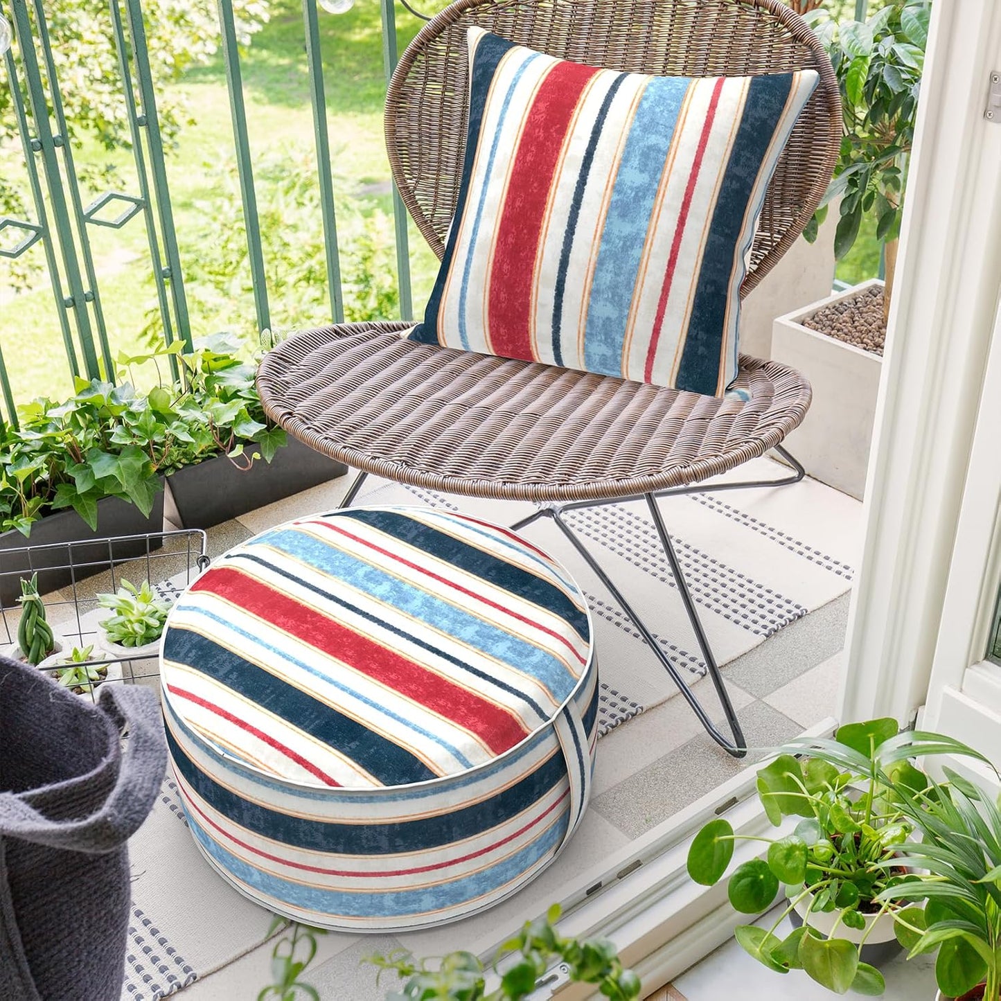 Inflatable Ottoman Stool D21 xH9 for Outdoor/Indoor Use, Water Repellent Patio Foot Rest Stool with Portable Handle,Round Pouf Ottoman Suitable for Garden,Deck and Camping - Stripe Red Blue