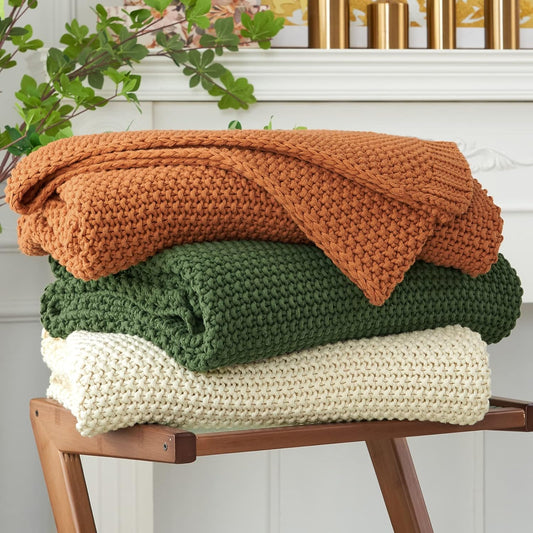 Longhui bedding Chunky Cable Knit Throw Blanket Lightweight Olive Green 100% Organic Cotton Blanket for Sofa Couch Bed Baby Nursery, Rustic Shabby Chic Modern Farmhouse, 51” x 63” Give Laundering Bag