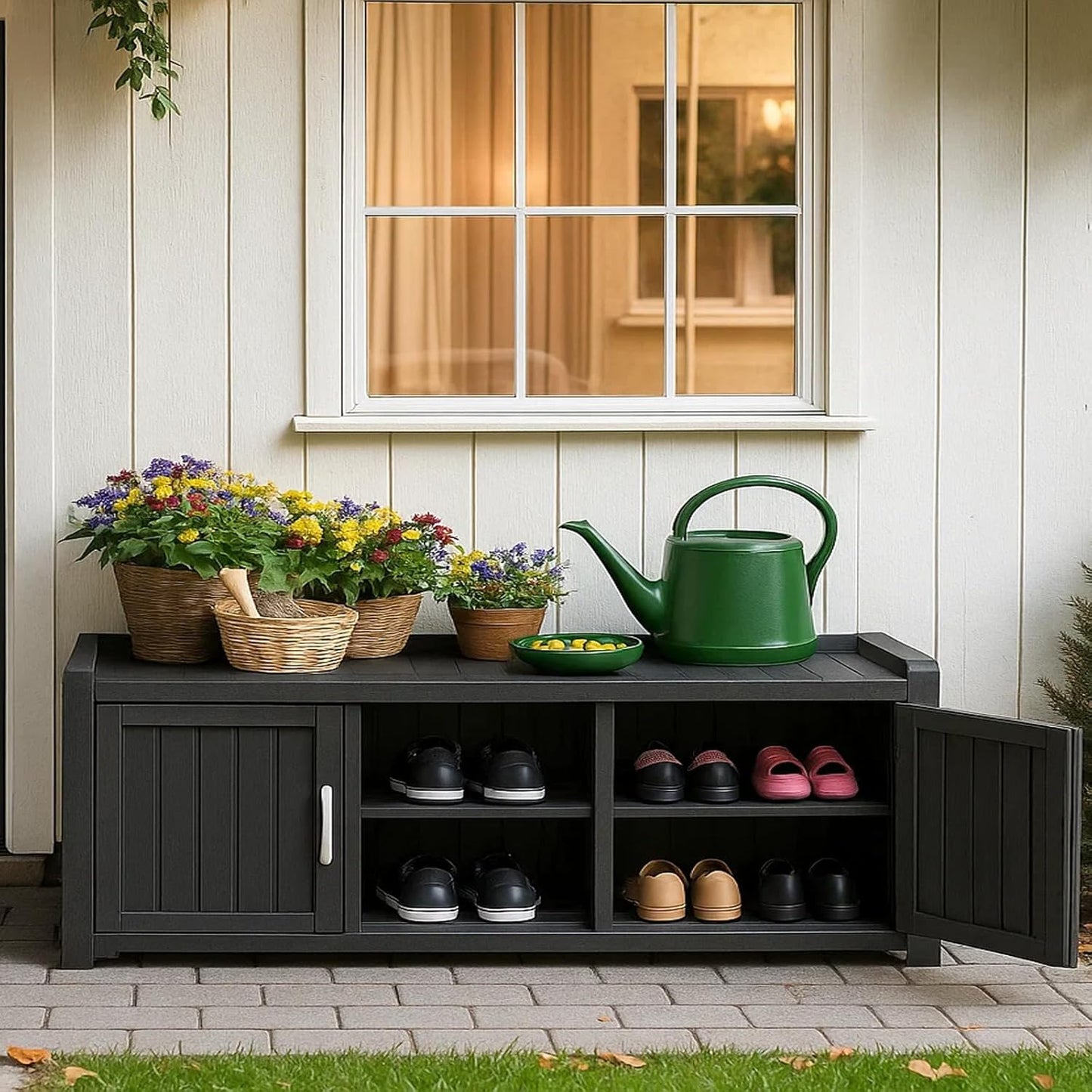 ROJIK Shoe Cabinet Waterproof UV-Resistant,Storage Bench Indoor Outdoor with Adjustable Shelves,for Entryway Bedroom,Hallway,Living Room(3 Door,Black)