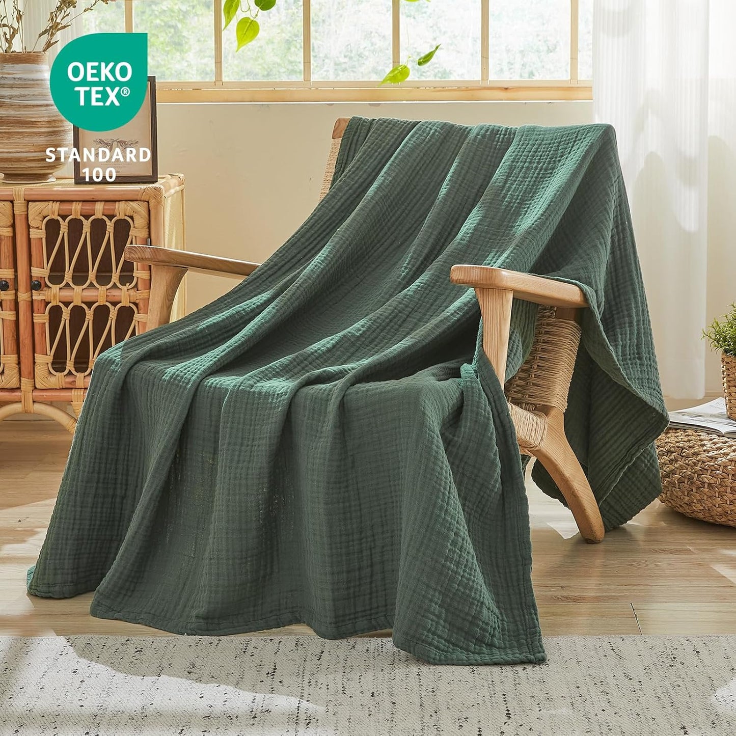 EMME Cotton Muslin Twin Blanket Breathable Gauze Blanket Soft Lightweight Blankets Adults Gifts for Women (Forest Green, 60"x80")