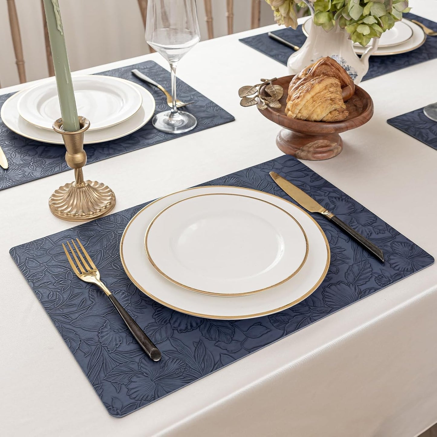 Romanstile Vinyl Placemats Set of 6-12 X 18 Inch - Heat Resistant Non-Slip Embossed Floral Place Mats 100% Waterproof Oilproof Wipeable Faux Leather Table Mats for Kitchen/Dining/Party, Navy Blue