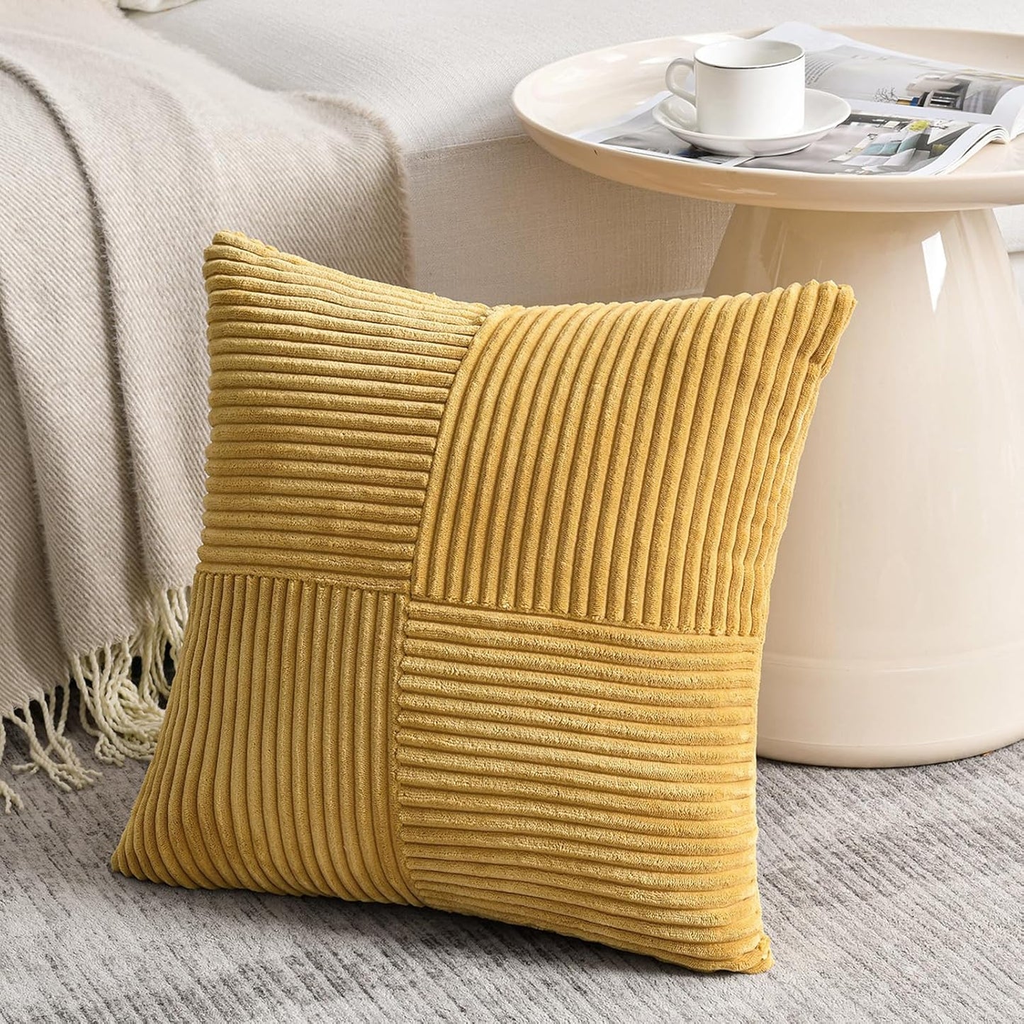 Fancy Homi 2 Packs Mustard Yellow Euro Decorative Throw Pillow Covers 28x28 Inch for Couch Bed, Farmhouse Boho Home Decor, Soft Corss Corduroy Patchwork Textured Square Cushion Case 71x71 cm