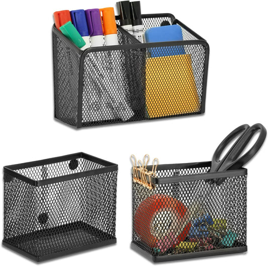 Neudeco Locker Shelf Organizer, Magnetic Pencil Holder, Metal Storage Basket for Whiteboard, Refrigerator, Ideal Cabinet for School, Black (Pack 3L)