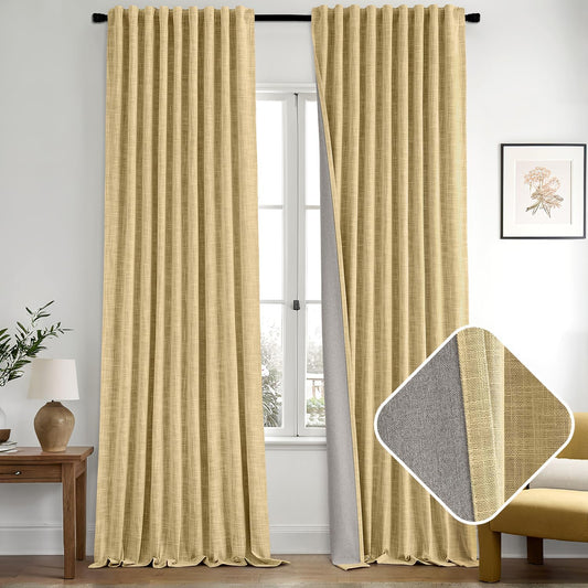 MIULEE Yellow 100% Blackout Linen Curtains 84 Inch 2 Panels Set Double Sided No Coating Pleated Back Tab Black Out Long Thermal Insulated Pinch Pleat Bedroom Living Room Darkening Window Drapes