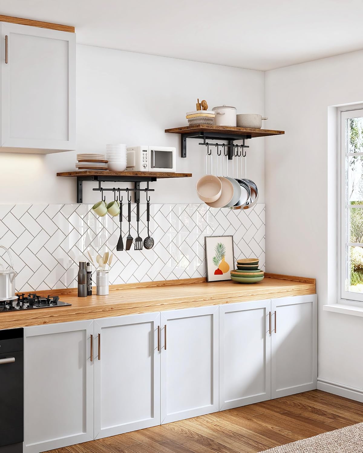 Wall-Mounted Pot Racks, Set of 2 Hanging Pot Rack, Floating Shelves, Wall Shelves, Vintage Pot Hangers for Kitchen, Wall Rack for Kitchen Storage, Rustic Brown and Black TPR26P2BF