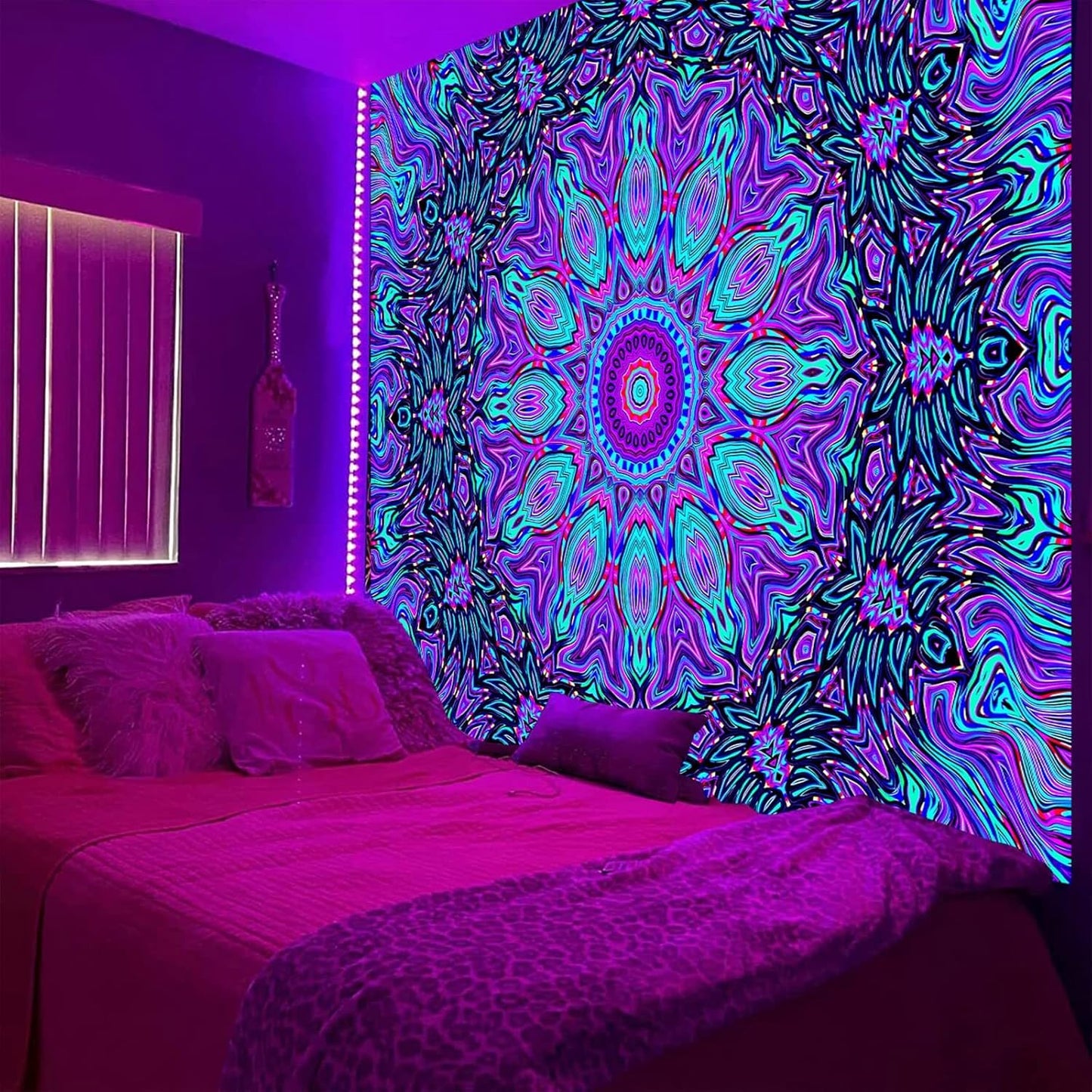 PSYHILAR Blacklight Mandala Tapestry for Bedroom, Psychedelic Black Light Posters for Adults and Teens, Neon UV Reactive Aesthetic Bohemian Art Wall Hanging Decor (90 x 70 Inches)