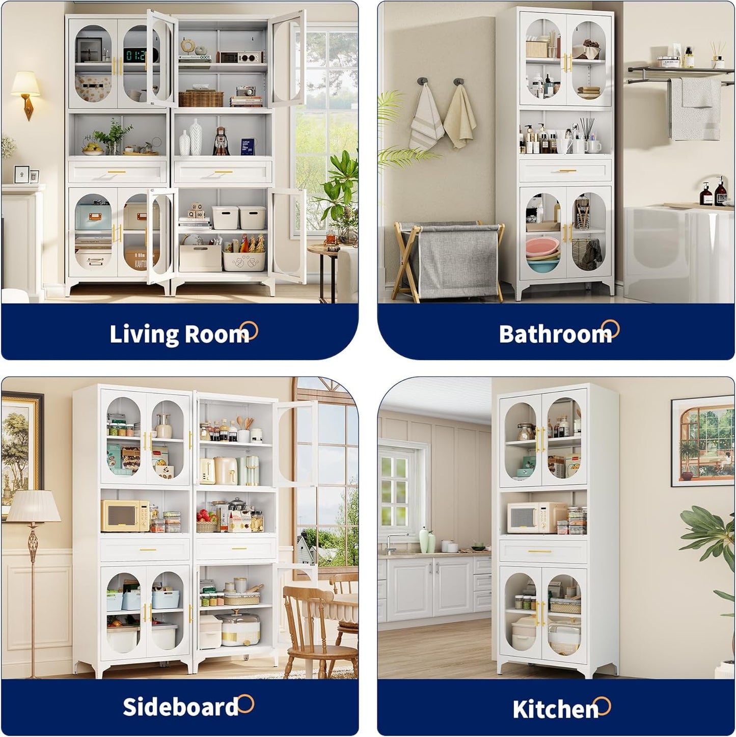 75” Tall Kitchen Pantry Storage Cabinet, Metal Storage Cabinet with 1 Drawer and Adjustable Shelves, Kitchen Pantry Cupboard, Freestanding Cupboard for Bathroom, Living Room (White-Glass Door)