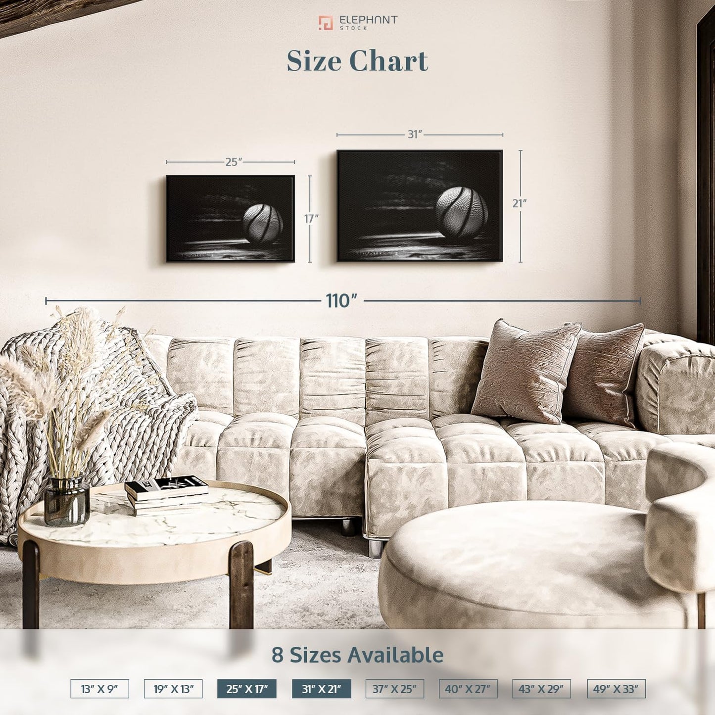 ElephantStock Basketball Wall Art - Horizontal Framed Canvas - 1-Piece Hallway Wall Decor - Photography sports Canvas Print - Black and Gray Decor for Wall - 25" X 17"