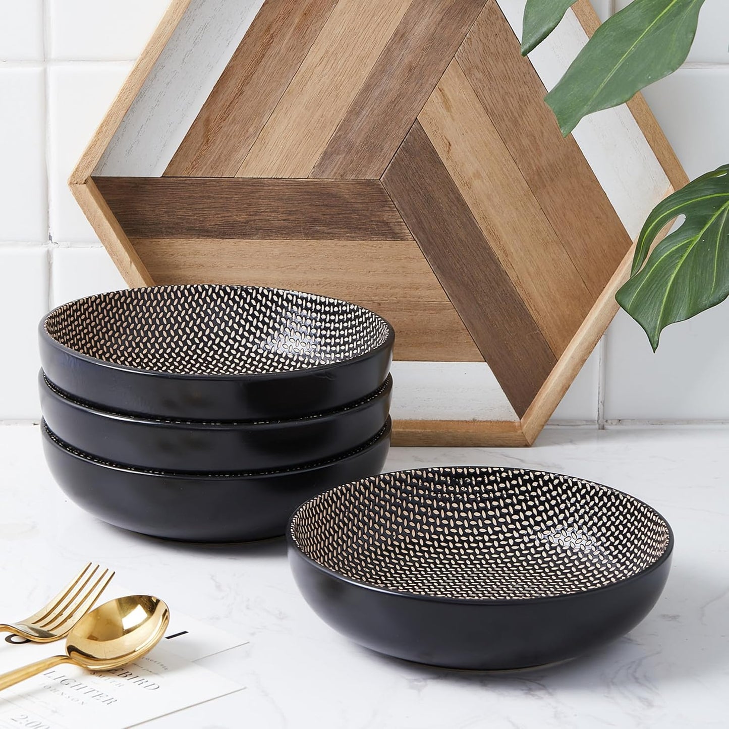 Stone Lain Daisy Stoneware 32-piece Round Dinnerware Set, Brown and Black