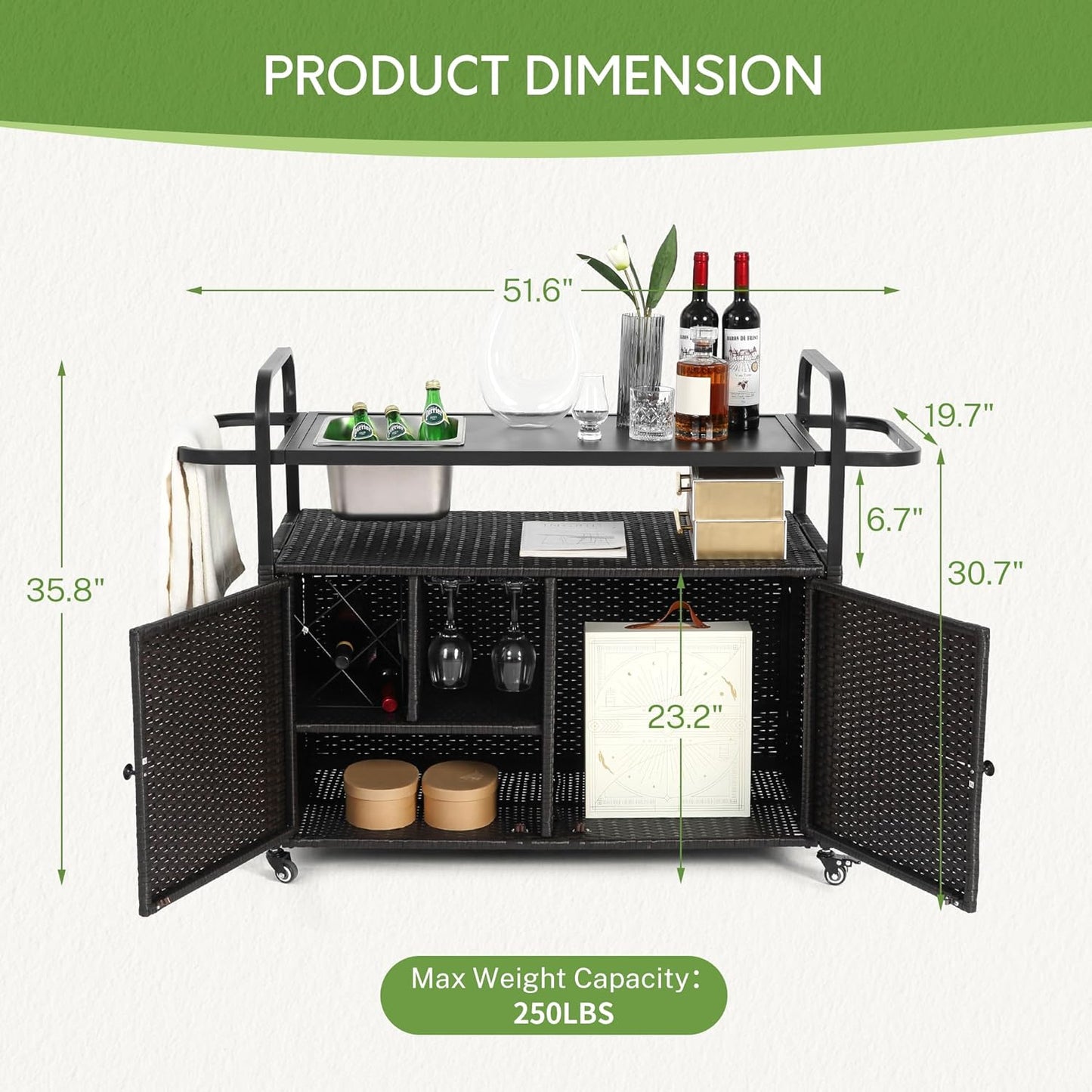 Wicker Outdoor Bar Cart with Ice Bucket, Patio Bar Table with 2 Ratten Doors Cabinet and Casters for Grill, Kitchen and Garden,Black