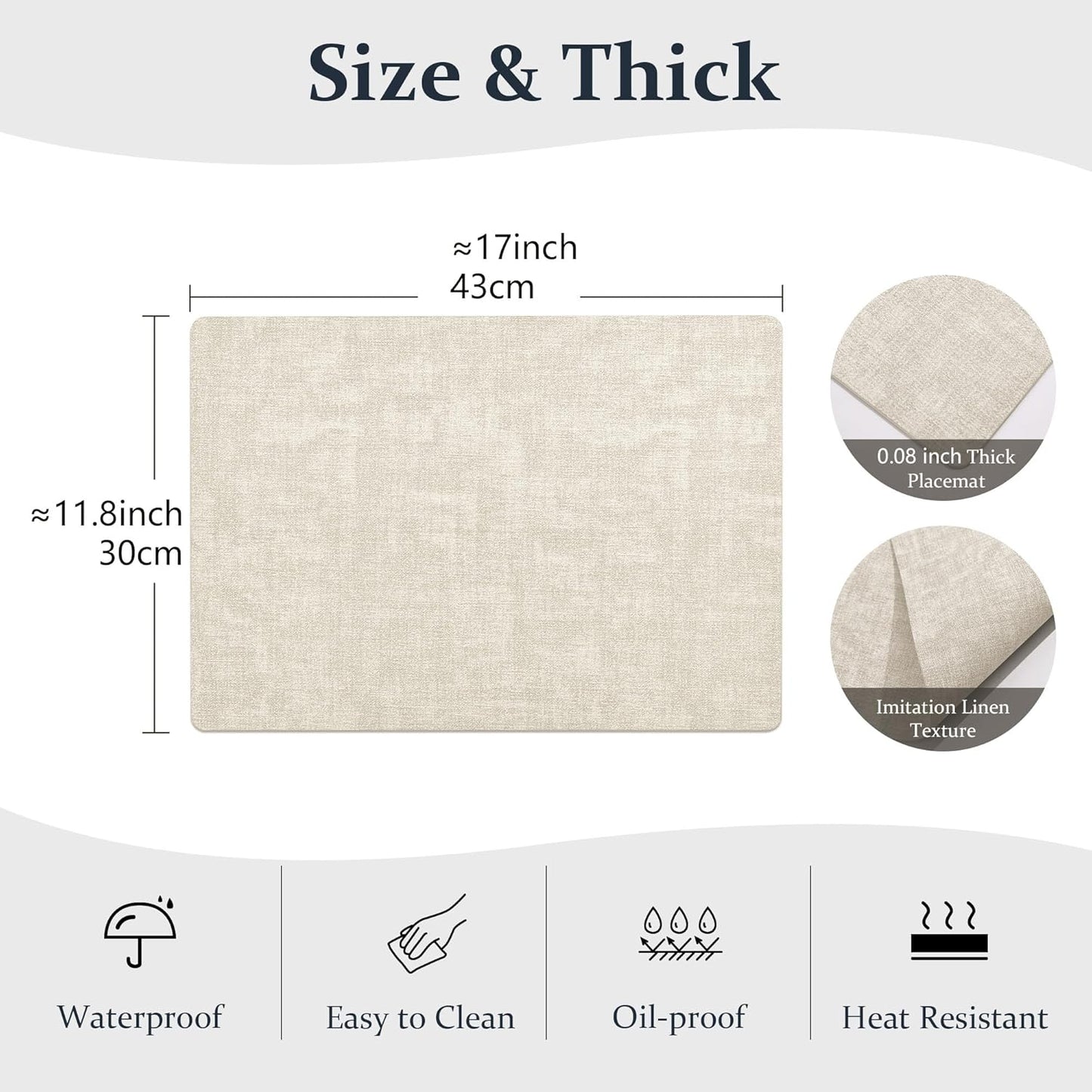 FROMHEART Faux Leather Placemats Set of 6–Waterproof,Heat/Oil Stain-Resistant PU Table Mat–Reversible,Non-Slip,Easy to Clean Place Mats for Kitchen,Dining,Indoor/Outdoor,(Beige,11.8" x 17")