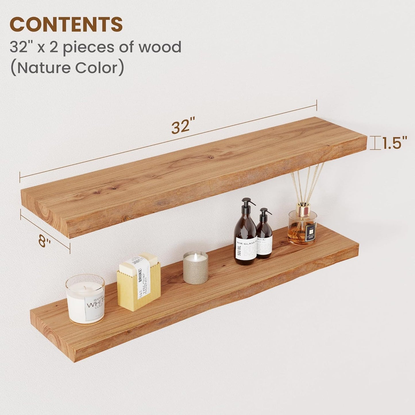 Floating Shelves for Wall Decor, Rustic Solid Elm Wood Live Edge Floating Shelves Wall Mounted, Wall Shelves with Invisible Bracket for Living Room Bathroom Bedroom Kitchen, 32 Inch Set of 2, Natural