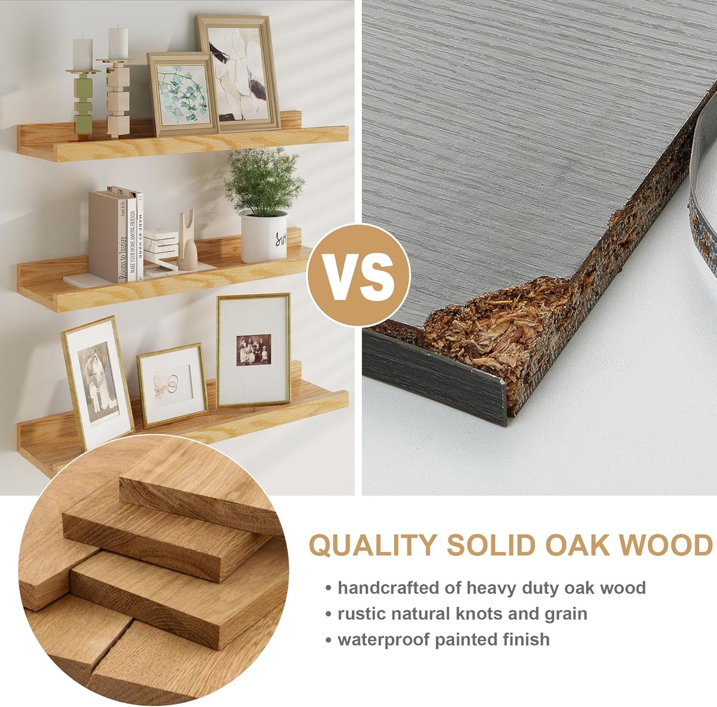 Floating Picture Ledge Shelves 72 Inch Solid Oak Wood Set of 2, Rustic Wall Storage Shelves with Lip, Kids Bookshelf, Photo & Picture Ledge Shelves for Bedroom, Living Room, Kitchen