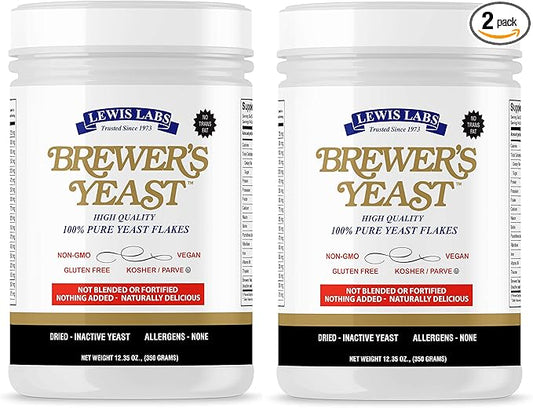 Lewis Labs Brewer's Yeast Flakes | Beer Yeast is A Rich Source of Amino Acids, B-Complex Vitamins, Minerals & Protein | Our Pure Bakers Yeast is Vegan, Keto, Paleo Friendly | Unsweetened, 2 Pack