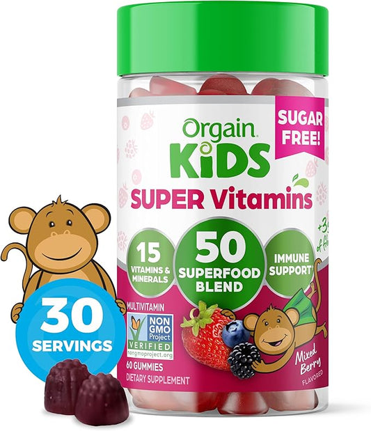Orgain Kids Sugar Free Multivitamin Gummies, 50 Superfoods, 15 Vitamins 3g of 4+, 1 1 Month (60 Gummies)