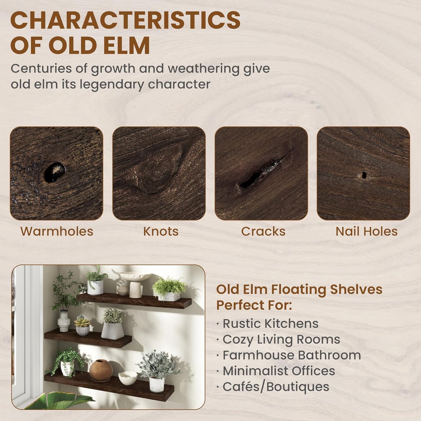 Fun Memories Rustic Elm Wood Floating Shelves for Wall, 48" Floating Shelf Wall Mounted, Long Floating Disply Shelf with Heavy-Duty Bracket for Living Room, Kitchen, Bathroom, Walnut Color, Set of 1