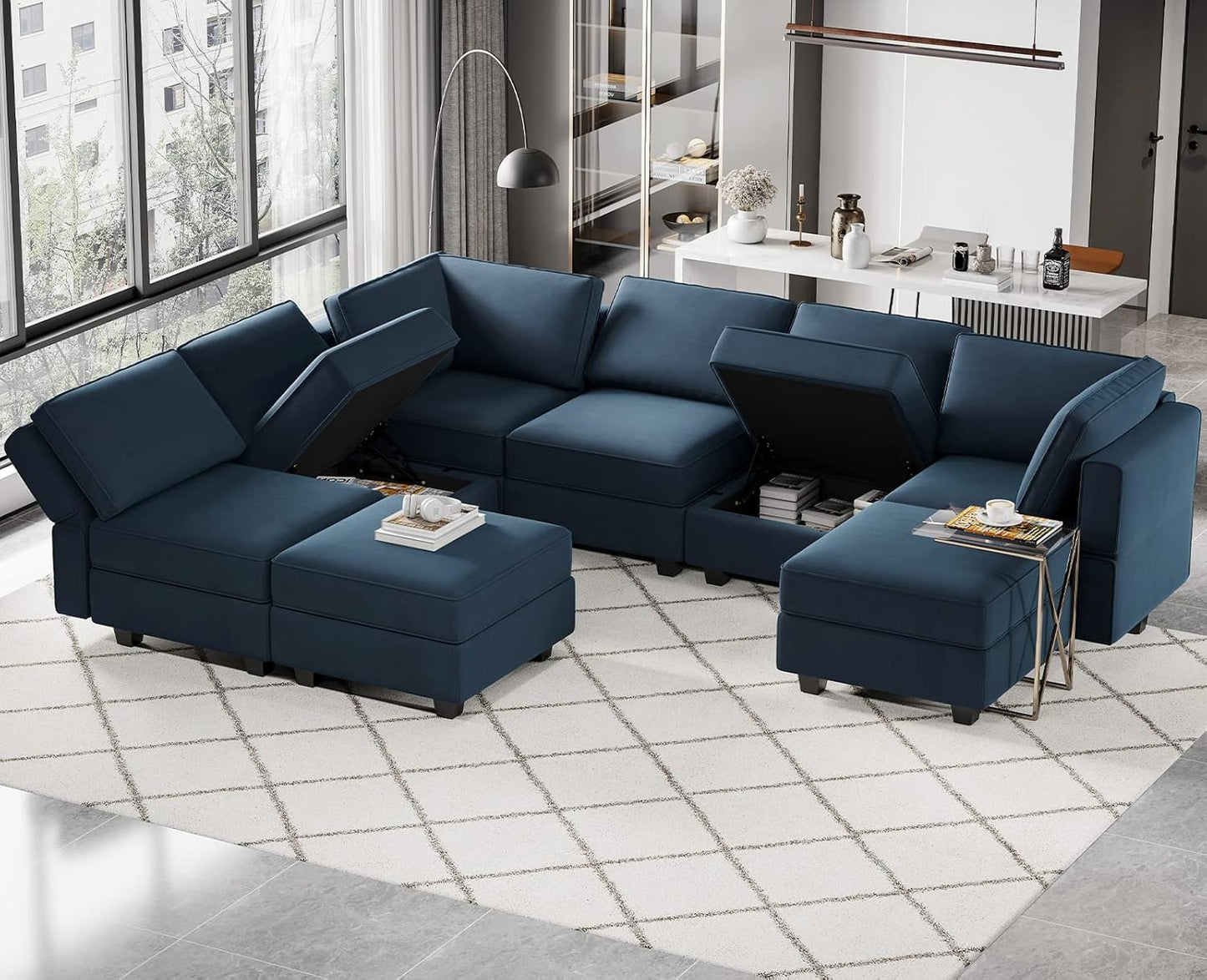 Belffin Modular Sectional Sofa with Storage Chaises Sectional Sleeper Sofa Couch 8 Seat Sectional Bed Blue