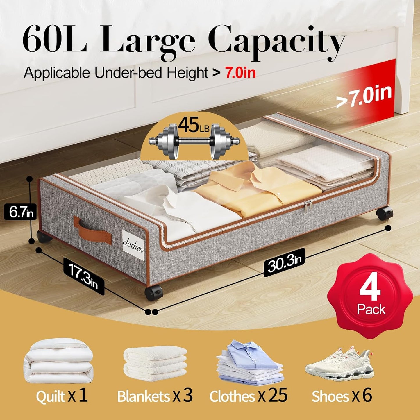 Yecaye Under Bed Storage with Wheels, 4 Pack Under Bed Storage Containers with Clear Lids & Label, XXL Large Lapacity Rolling Under Bed Drawers for Clothes, Shoes, Blankets