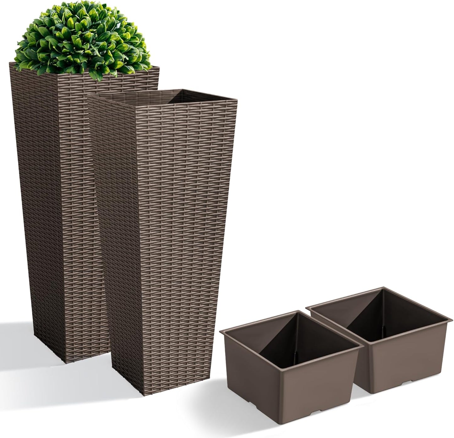 JUMMICO Set of 2 Resin Rattan Tall Planters for Outdoor Plants, Large Tapered Planters with Drainage Holes&Inner Trays, Flower Pots for Garden, Patio, Porch, Backyard (Brown, 32'')