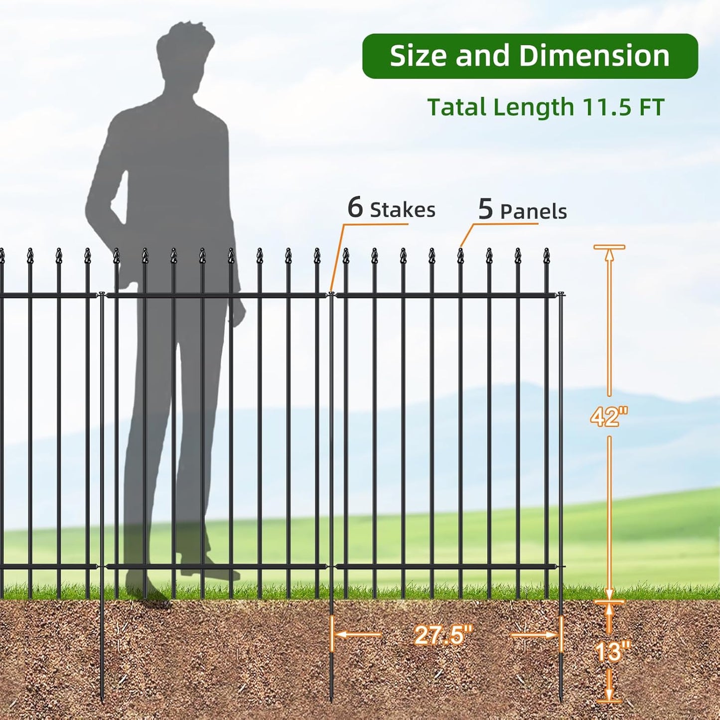 Metal Garden Fence 42 in H x 11.5 ft L, Border Fence Panels Animal Barrier for Dogs, No Dig Garden Fencing for Yard Patio Flower Bed Lawn Outdoor, 5 Panels + 6 Stakes Black
