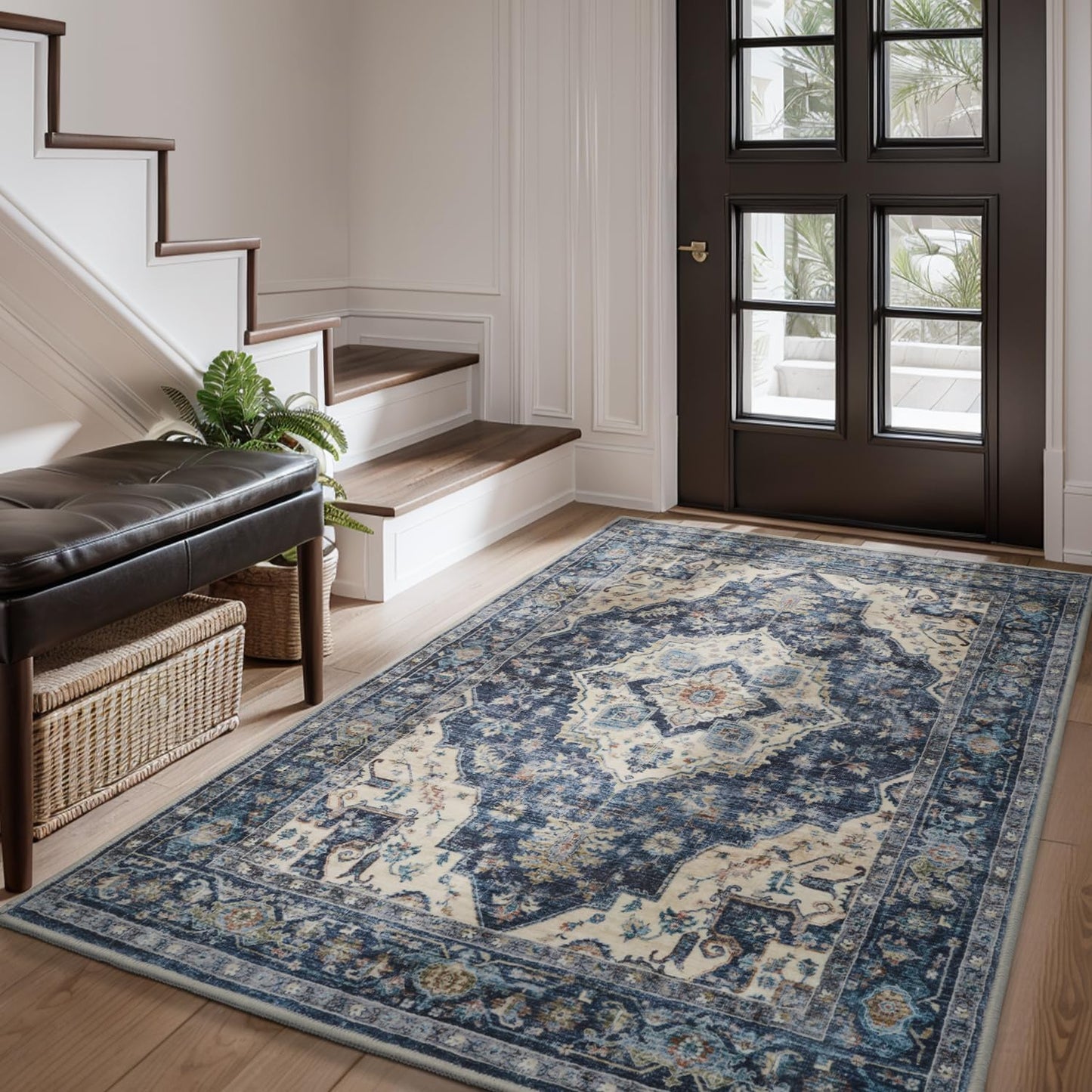 AMOAMI-3X5 Area Rug-Soft Washable Vintage Throw Accent Rugs for Living Room, Entryway, Bedroom, Kitchen, Bathroom, Laundry Room, Kitchen, Bathroom, Bedside, No Slip Blue