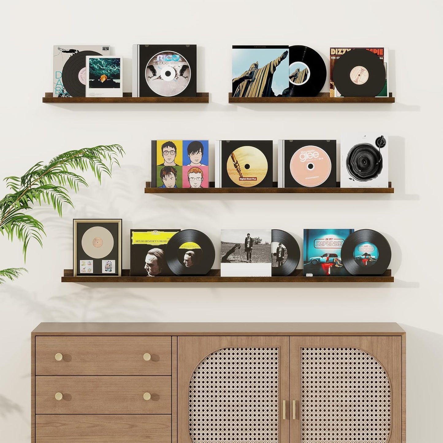 Picture Ledge Shelf, Solid Pine Wood Floating Shelves Set of 2, 32 Inches Nursery Book Shelves for Toys Storage, Kids Bookshelf Wall Mounted for Living Room Bedroom Decor Books Photo Frames, Walnut