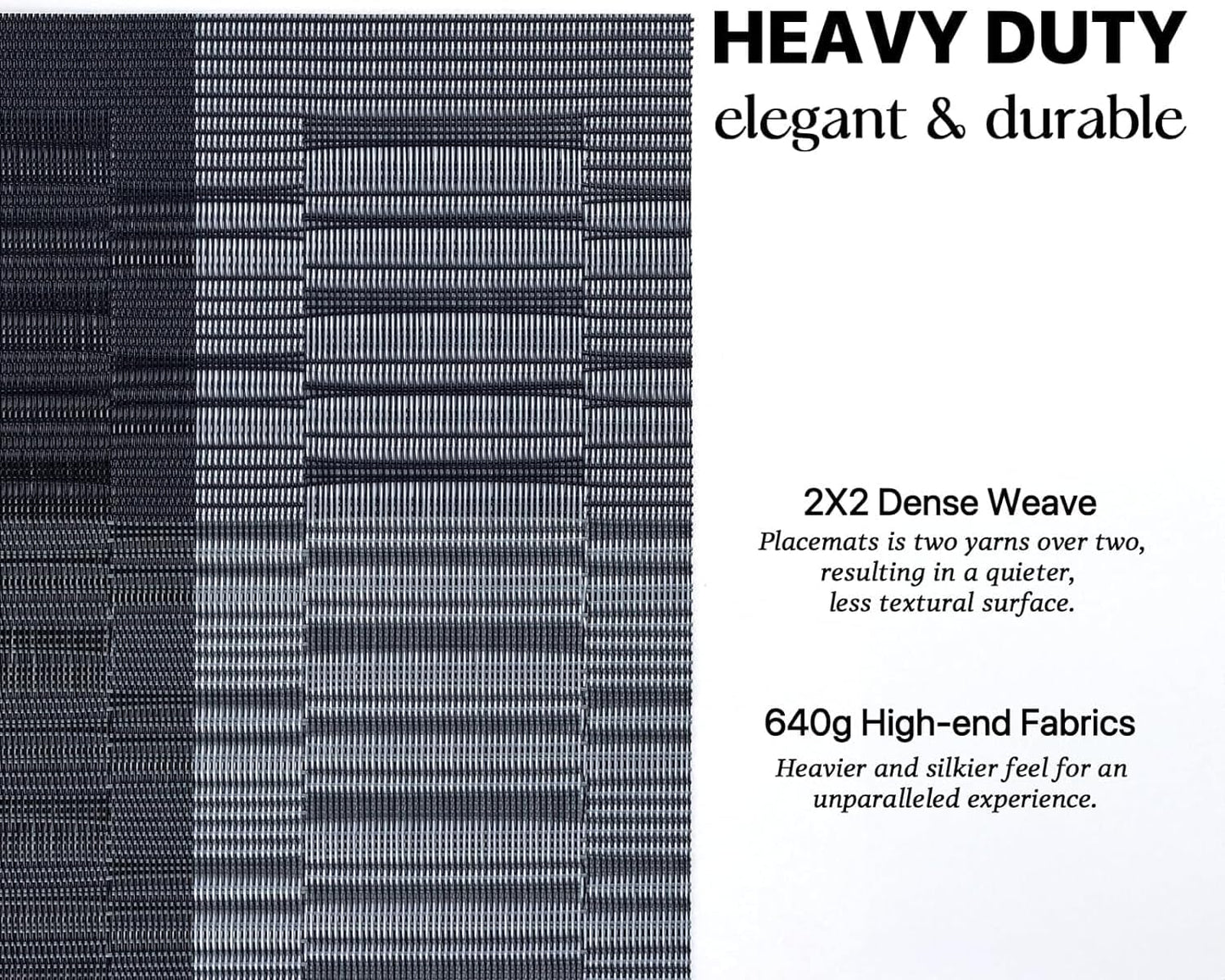 LEXMORE PlaceMats Set of 12 Vinyl/Plastic Woven Place Mats for Kitchen Table Indoor/Outdoor Washable PlaceMat Wipeable Dining Table Mats(Silver Gray Black)