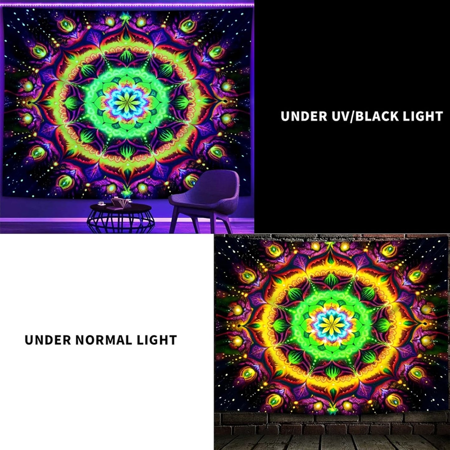 Blacklight Mandala Tapestry for Bedroom, Psychedelic Flower Black Light Posters for Adults and Teens, UV Reactive Aesthetic Bohemian Art Wall Hanging Decor Golden and Green (40 x 30 Inches)