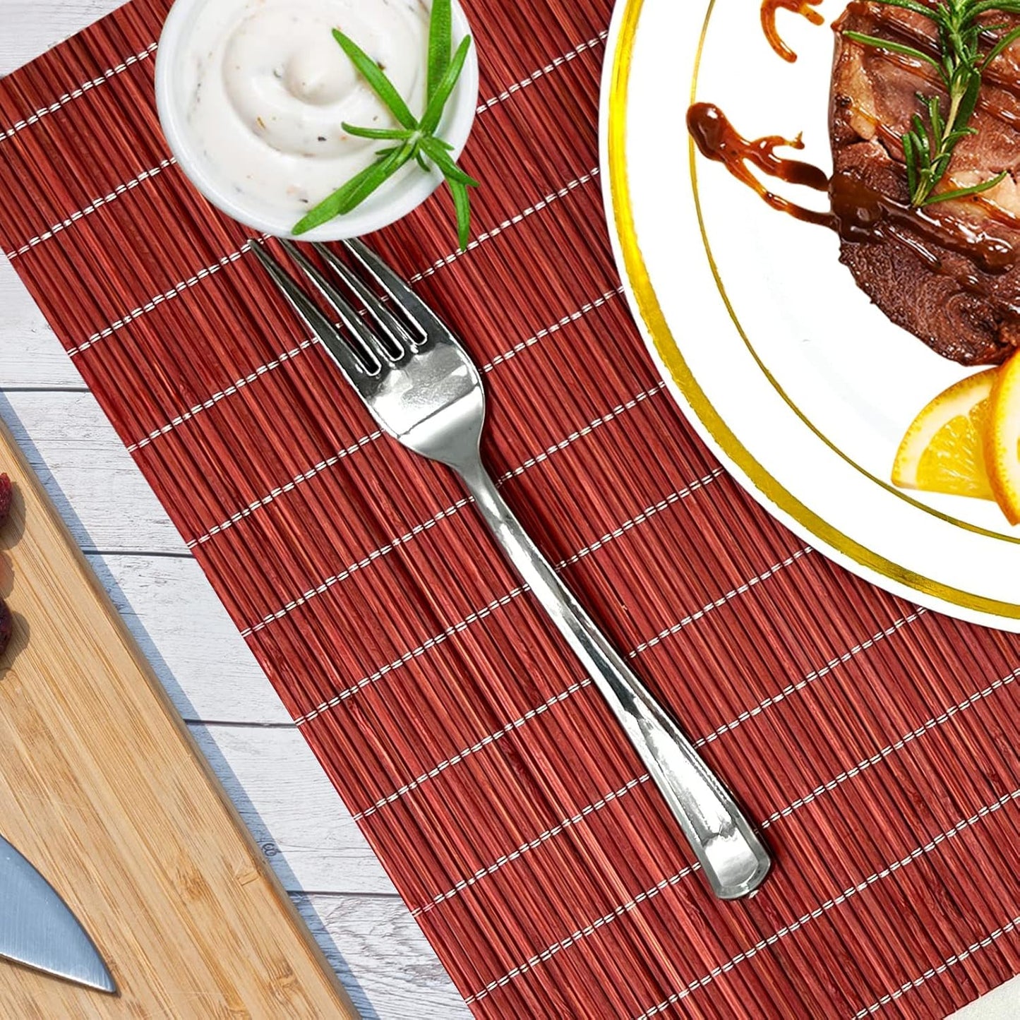 ANDSTAR Set of 24 Bamboo Placemats 17.7X11.8Inch Sushi Rolling Mat Japanese Style Bamboo Mat Natural Place Mats Washable Heat Resistant Table Mats for Dinner Dining Table Wedding Parties（Red）