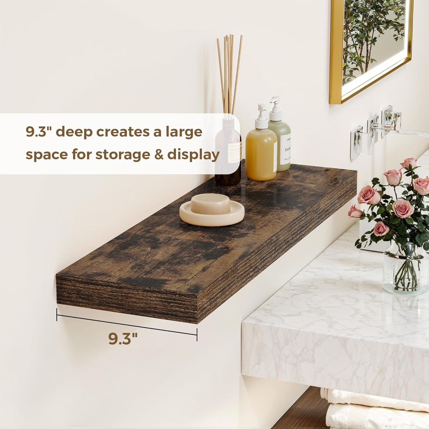 Dreamland 32 Inches Floating Shelves for Wall, 9.3" Deep Long Floating Shelves Set of 2, Large Display & Storage Shelf, Wall Shelf for Bathroom Bedroom Living Room Kitchen Office, Rustic Brown