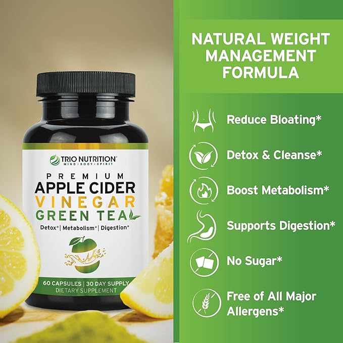 TRIO NUTRITION Apple Cider Vinegar Capsules with Green Tea - Sugar Free Apple Cider Vinegar Pills with The Mother for Body Cleanse, Immune, Weight Management & Metabolism Support*