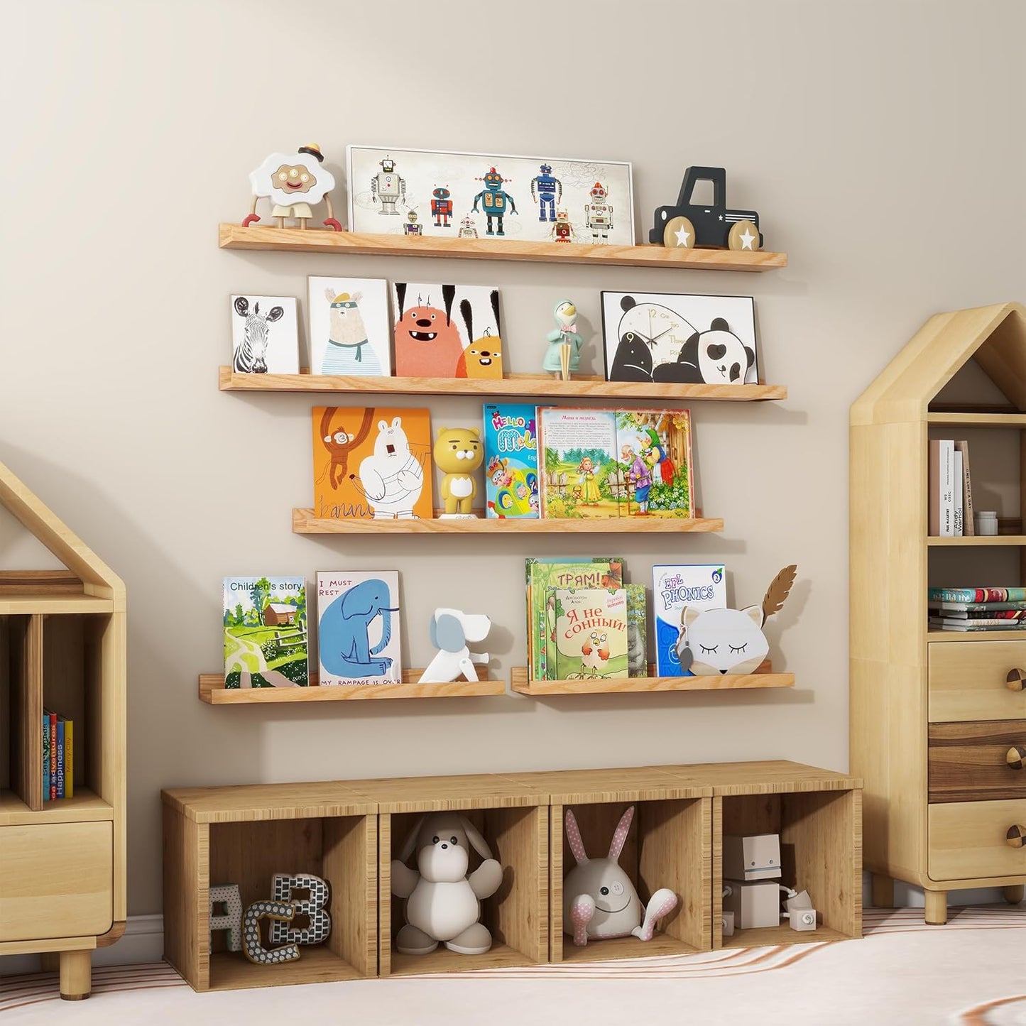 Floating Picture Ledge Shelves 36 Inch Solid Oak Wood Set of 2, Rustic Wall Storage Shelves with Lip, Kids Bookshelf, Photo & Picture Ledge Shelves for Bedroom, Living Room, Kitchen