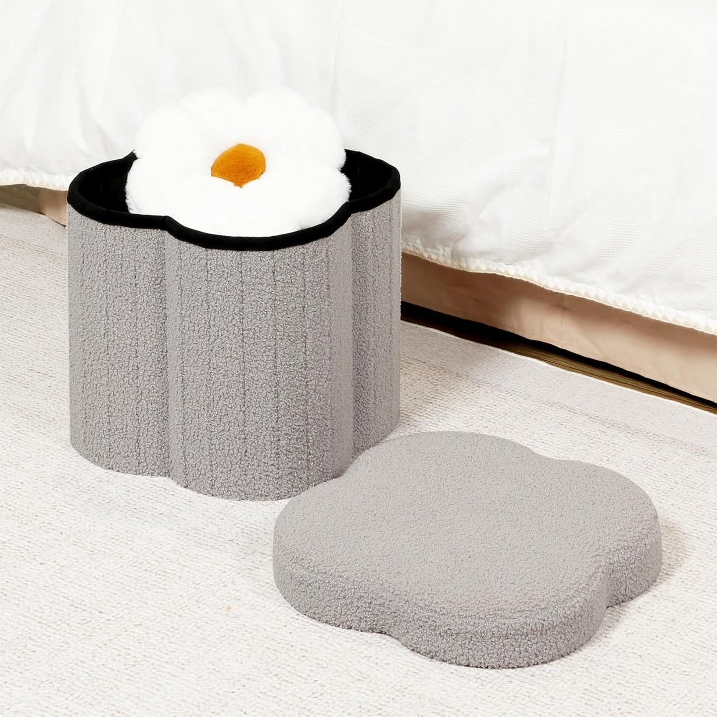 B FSOBEIIALEO Storage Ottoman Cube, Flowers Shaped Ottomans with Storage Foot Stool Footrest for Lving Room, Boucle Ottoman Seat for Dorm Room,Faux Teddy Fur, Grey 12.6"x12.6"x12.6"