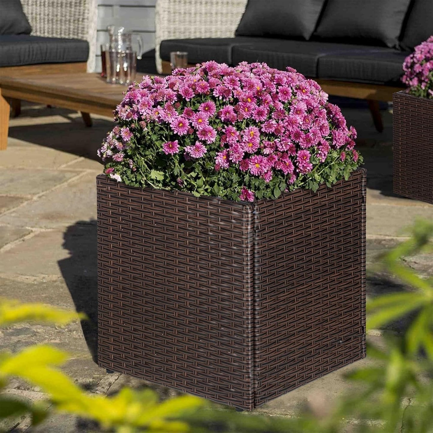SUNNYPARK Set of 2 Large Square Planter with Removable Liner, All-Weather PE Rattan Modern Planters Indoor Outdoor Flower Plant Pots Garden Box Patio Yard Front Porch Deck