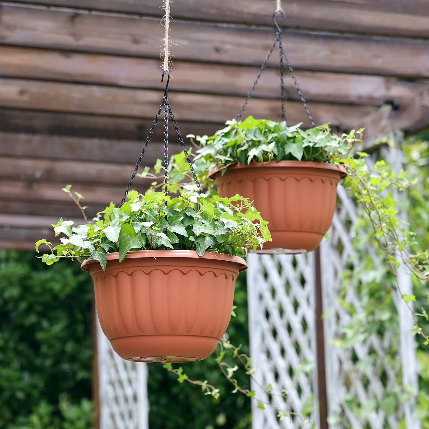 YIKUSH Hanging Planter for Indoor and Outdoor Plants 2 Pack 12 inch Flower Pot Plastic Plant Pot with Drainage Hole and Absorbing Tray（Terracotta）