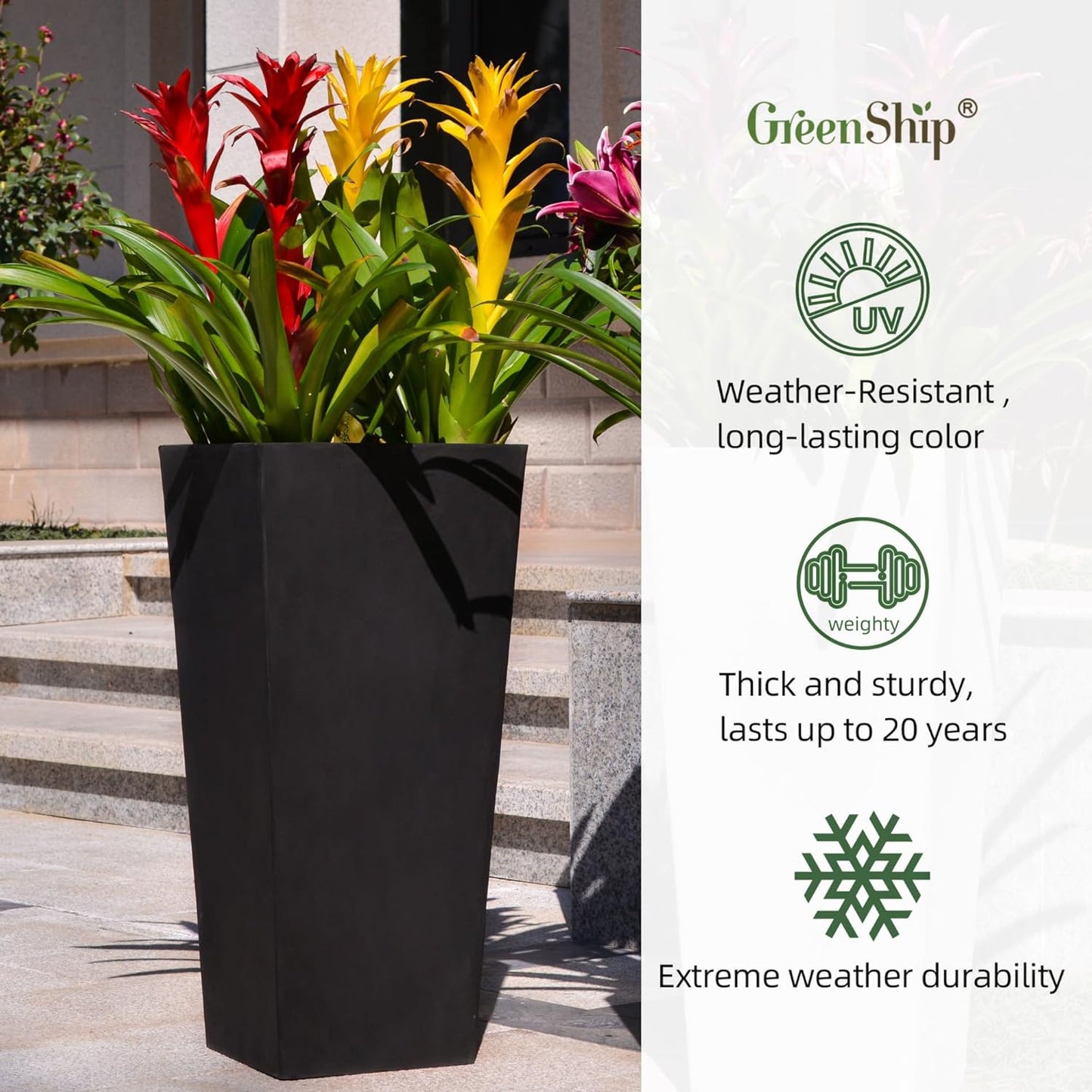 GreenShip 27" Tall Planters, Set of 2 – Black Outdoor Planter for Front Porch & Tall Plants, Weather-Resistant, with Drainage Hole & Rubber Plug (No Plants Included) (Black-2pcs)